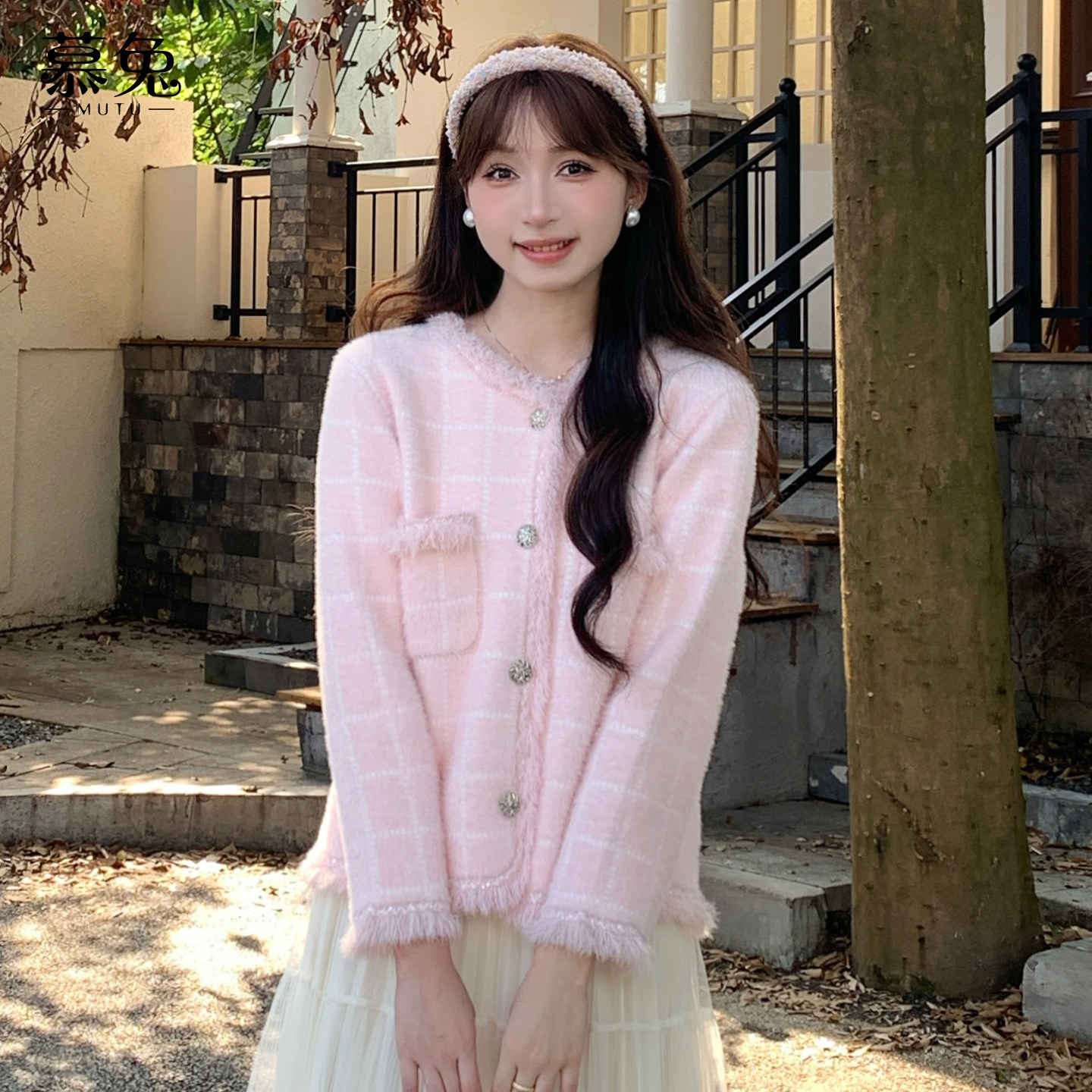 慕兔法式小香风格子毛衣开衫女2025冬新款名媛仿水貂毛绒针织上衣,淘宝优惠券,粉丝福利购,淘宝优惠卷