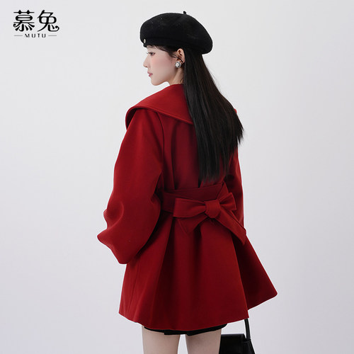 慕兔韩系娃娃领毛呢外套女2025新款冬季小个子中长款收腰呢子大衣 - 图2
