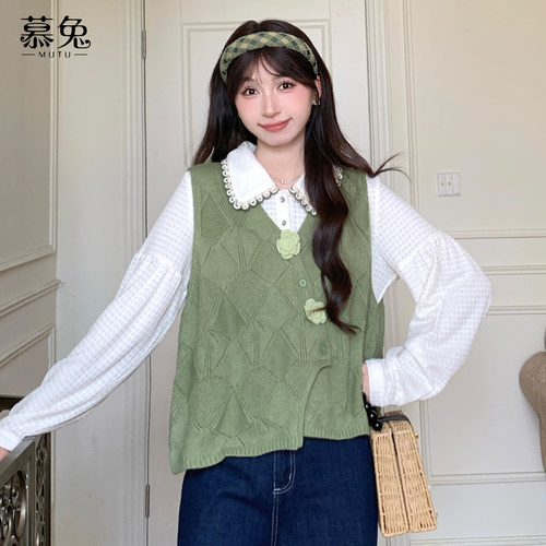 慕兔复古绿色针织马甲背心女2025秋季新款小个子宽松无袖坎肩上衣 - 图2