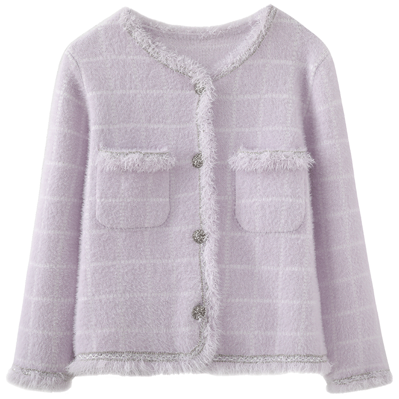 慕兔法式小香风格子毛衣开衫女2025冬新款名媛仿水貂毛绒针织上衣,淘宝优惠券,粉丝福利购,淘宝优惠卷