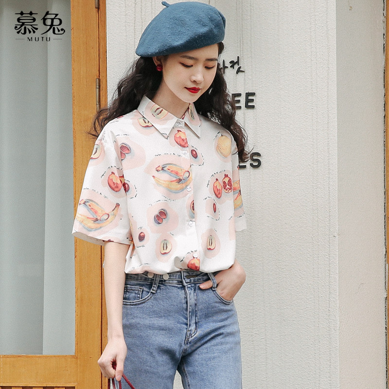 港风印花短袖夏季2020新款宽松衬衫 慕兔衬衫