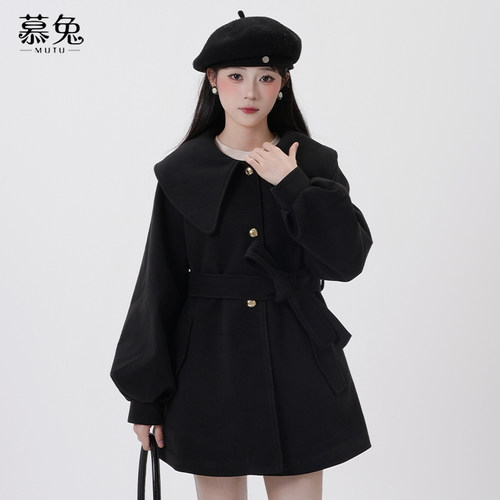 慕兔韩系娃娃领毛呢外套女2025新款冬季小个子中长款收腰呢子大衣 - 图0