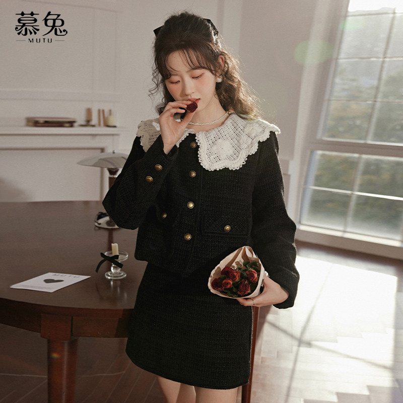 慕兔法式小香风套装女2025秋冬新款娃娃领厚外套上衣半身裙两件套,淘宝优惠券,粉丝福利购,淘宝优惠卷