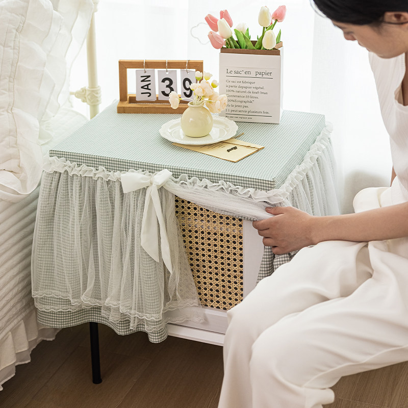 新款床头柜盖巾绿色格子家用卧室床头柜防尘罩保险柜蕾丝盖布罩,淘宝优惠券,粉丝福利购,淘宝优惠卷
