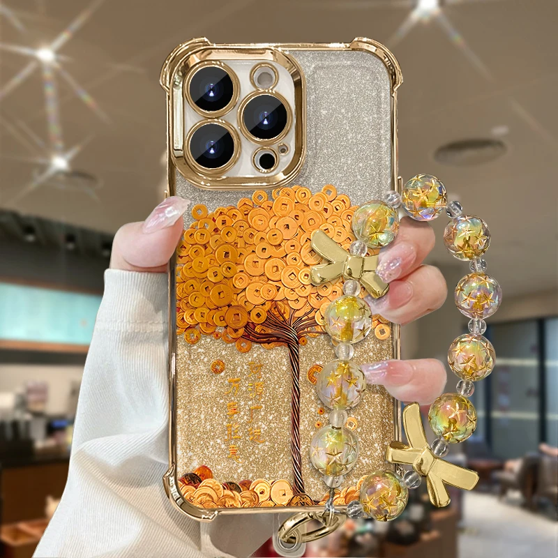 金钱树电镀四角防摔适用苹果17promax手机壳iPhone16/15新款华为mate60创意pura80高级Reno14手链vivos30女软,淘宝优惠券,粉丝福利购,淘宝优惠卷