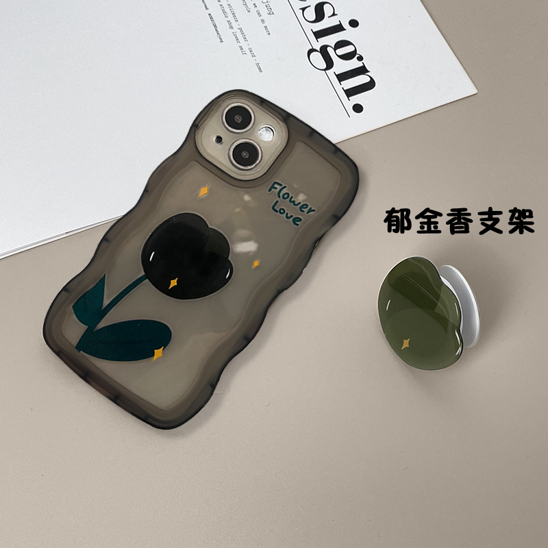 波浪黑色郁金香支架OPPOReno9手机壳reno8pro新款7/6pro十保护套5k透明4se防摔reno3元气版全包a72/a96时尚女-图0