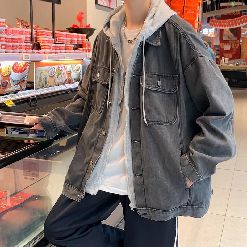 假两件牛仔外套男秋冬季新款宽松工装夹克ins潮流连帽休闲上衣服,淘宝优惠券,粉丝福利购,淘宝优惠卷