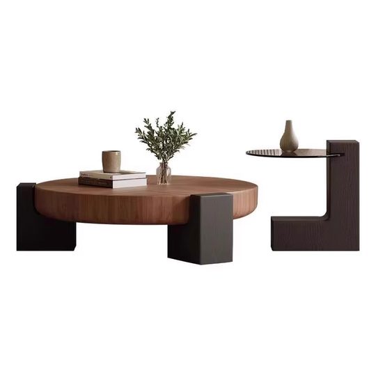 意式极简中古风胡桃木茶几组合圆形茶几客厅家用轻奢高级感设计师