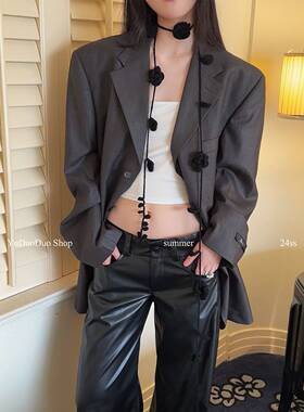 小众红色玫瑰花手钩长条围脖女纯手工针织细窄长围巾辣妹装饰颈链