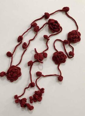 黑色玫瑰纯手工编织棉线立体花朵叶子毛衣链文艺项链围巾围脖丝巾