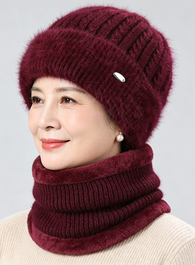 冬季中老年女加绒护耳兔毛线帽