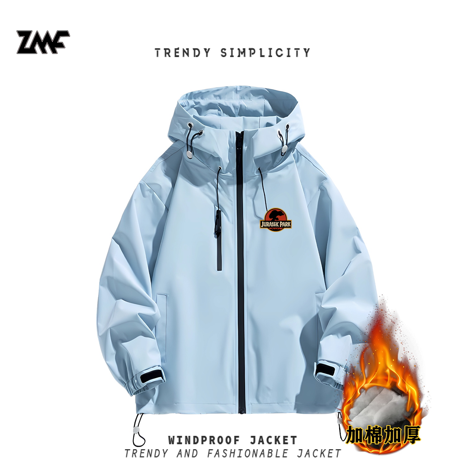 侏罗纪史努比公园霸王龙联名恐龙夹克防风加棉加厚潮外套冲锋衣男 - 图0