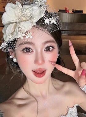新娘头饰白色礼帽网纱遮面复古法式唯美气质优雅礼服结婚发饰帽子