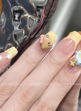 黄色法式格纹黄油kitty猫穿戴甲美甲夏日甜美可爱少女心手工美甲