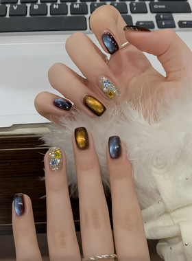 【枫林晚】美拉德复古秋日棕蓝色猫眼小众手工穿戴甲短款温柔美甲