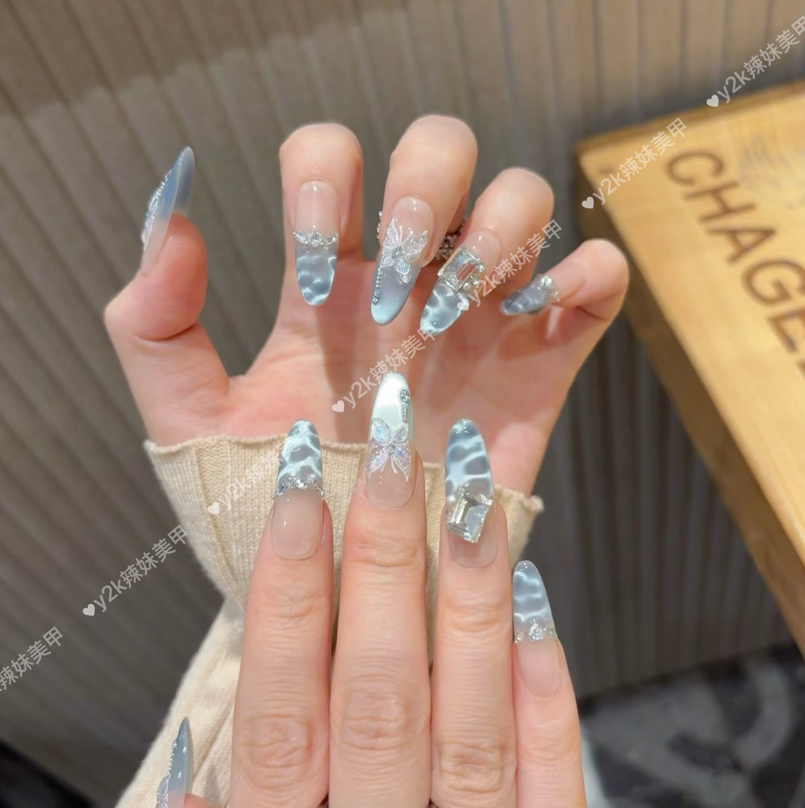 手工穿戴甲冰蓝猫眼立体蝴蝶春夏清凉海浪星辰纯欲显白高级美甲贴 - 图2