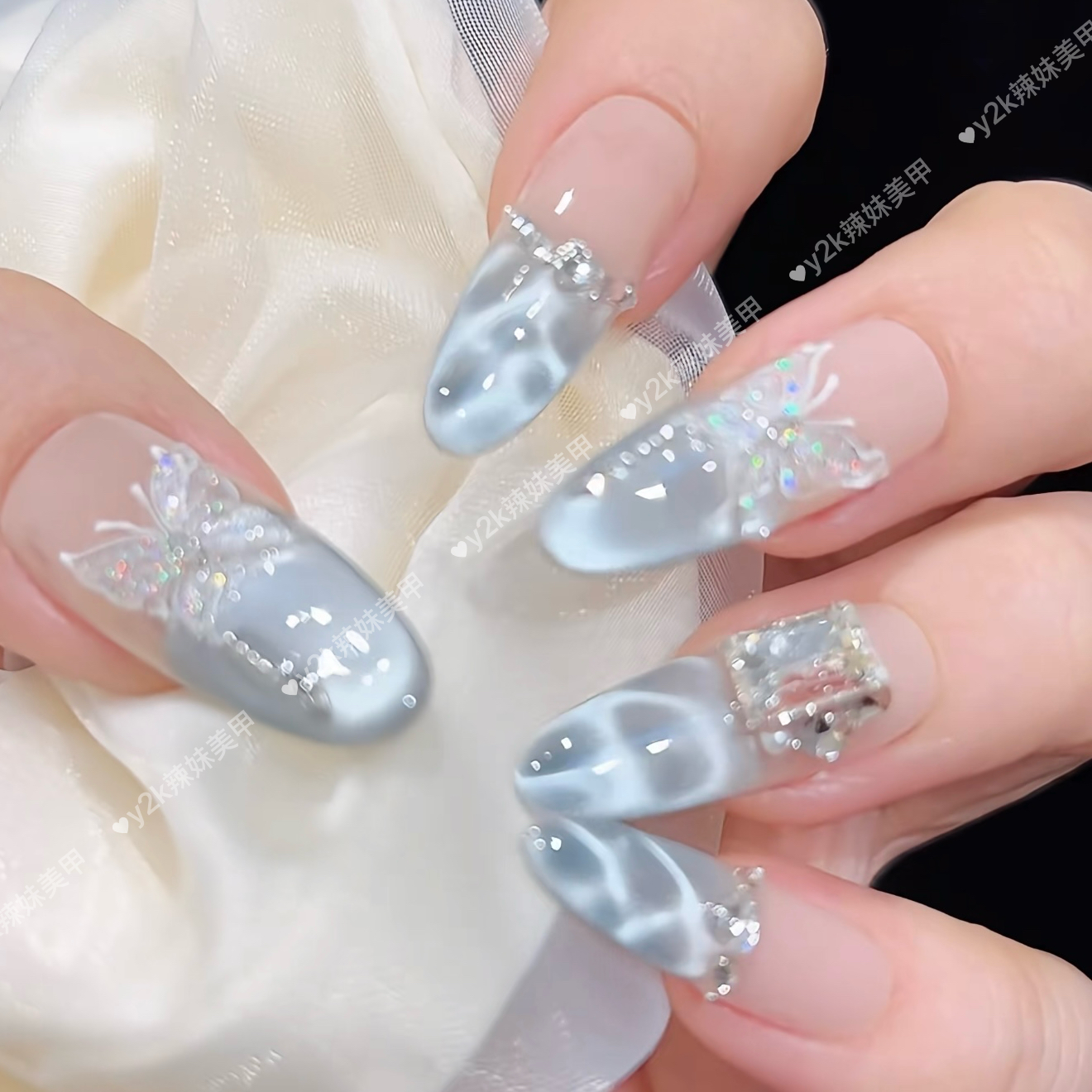 手工穿戴甲冰蓝猫眼立体蝴蝶春夏清凉海浪星辰纯欲显白高级美甲贴 - 图0