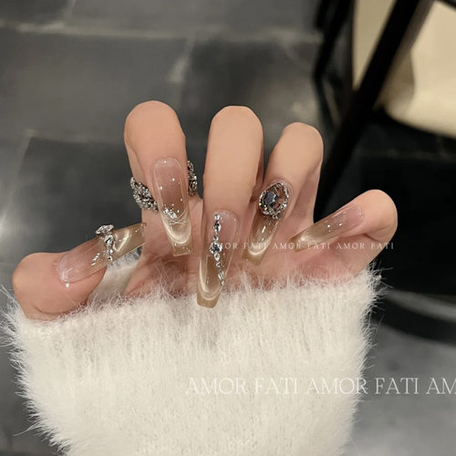 【星轨】手工穿戴甲香槟猫眼高级法式碎钻猫眼轻奢简约显白美甲贴 - 图0