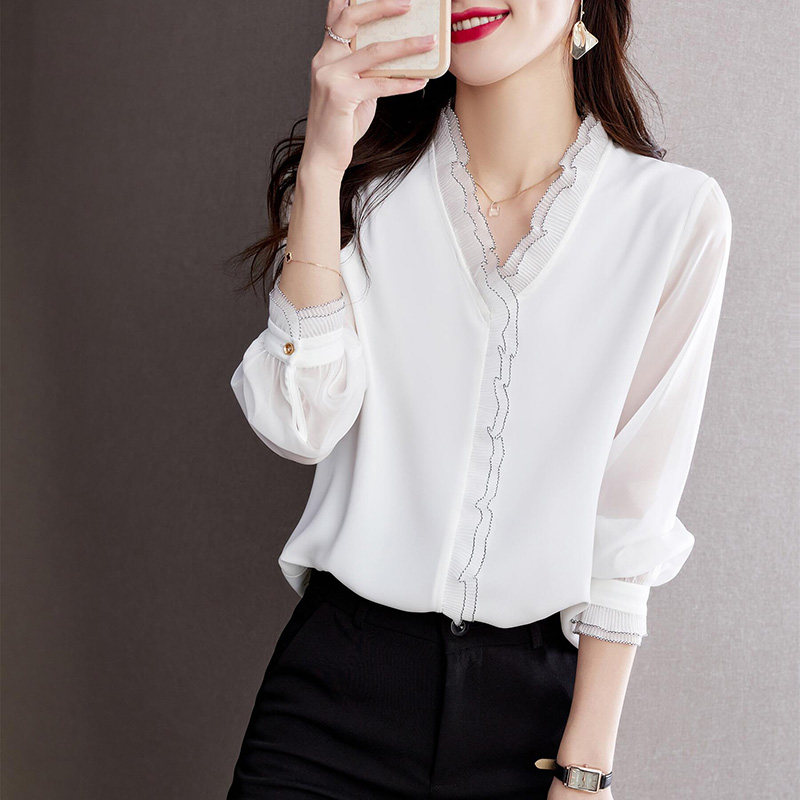 2022气质花边v领真丝长袖女士衬衫 澳都飞狐衬衫