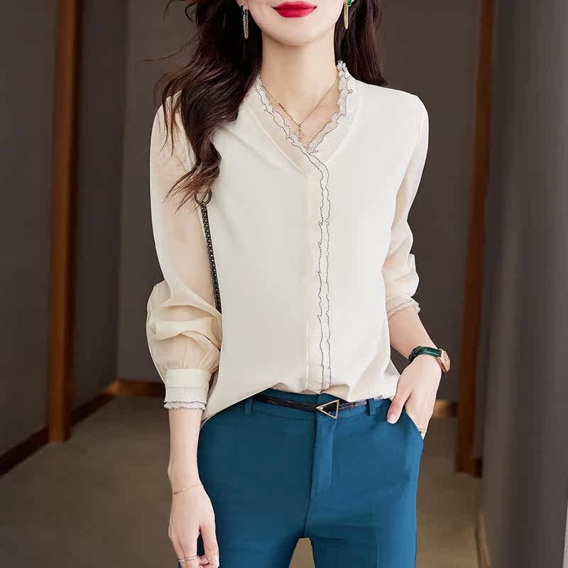 2022气质花边v领真丝长袖女士衬衫 澳都飞狐衬衫