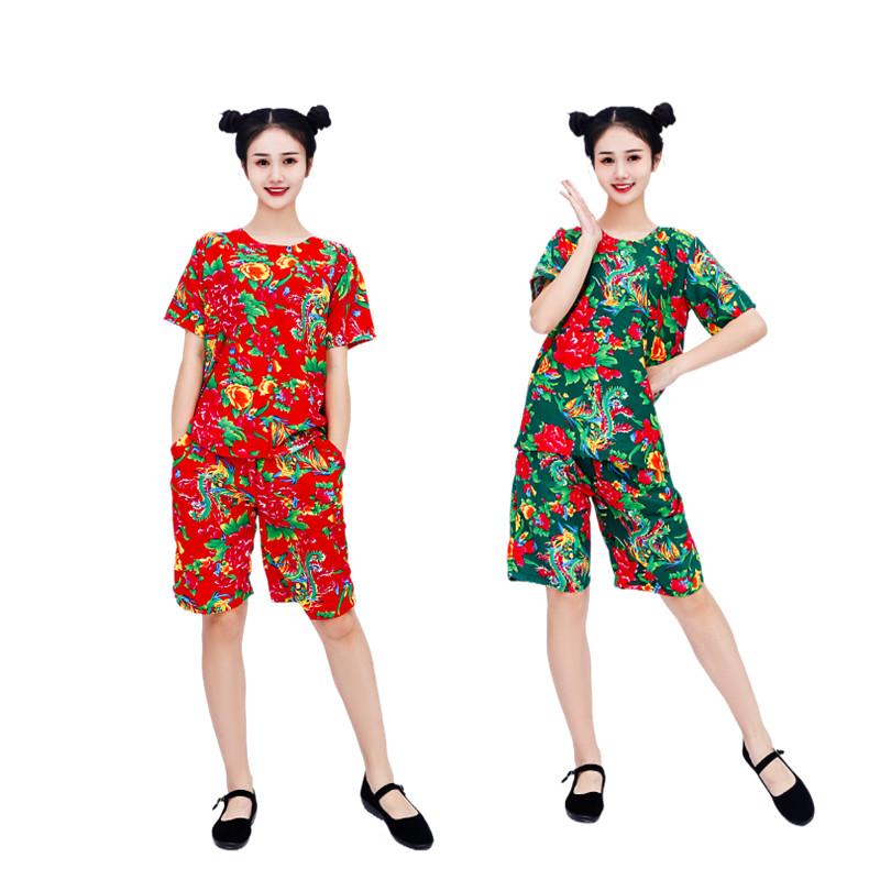 东北大花布衣服夏伴娘网红同款短袖套装二人转演出服男女花布裤子 - 图2