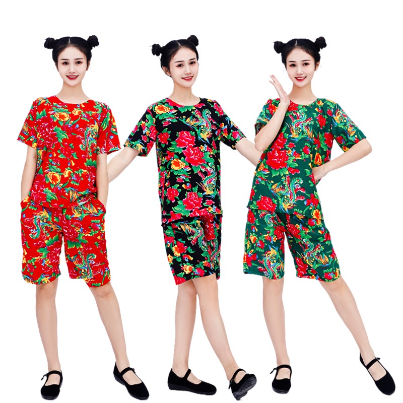 东北大花布衣服夏伴娘网红同款短袖套装二人转演出服男女花布裤子 - 图3