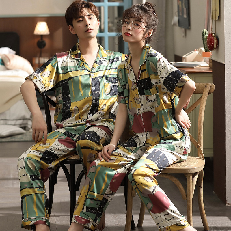情侣夏季冰丝短袖长裤男士仿真睡衣 梦莱婷睡衣/家居服套装