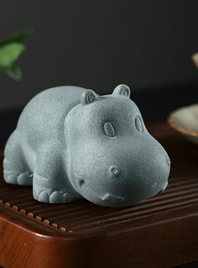 青砂石茶宠摆件可变色河马