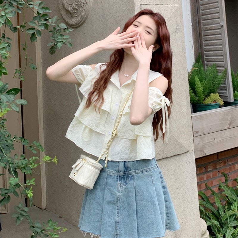 法式气质小众衬衫女2025夏季新款减龄显瘦设计感时尚百搭露肩上衣