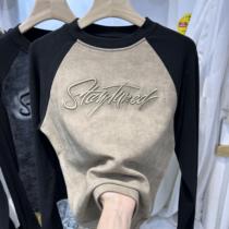 Opower plus suede double face suede American retro long sleeve t-shirt womens clothing autumn and winter 2023 new blouses for the undershirt