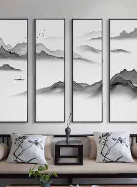 新中式水墨画装饰画客厅沙发背景墙画竖版山水风景挂画茶室墙壁画