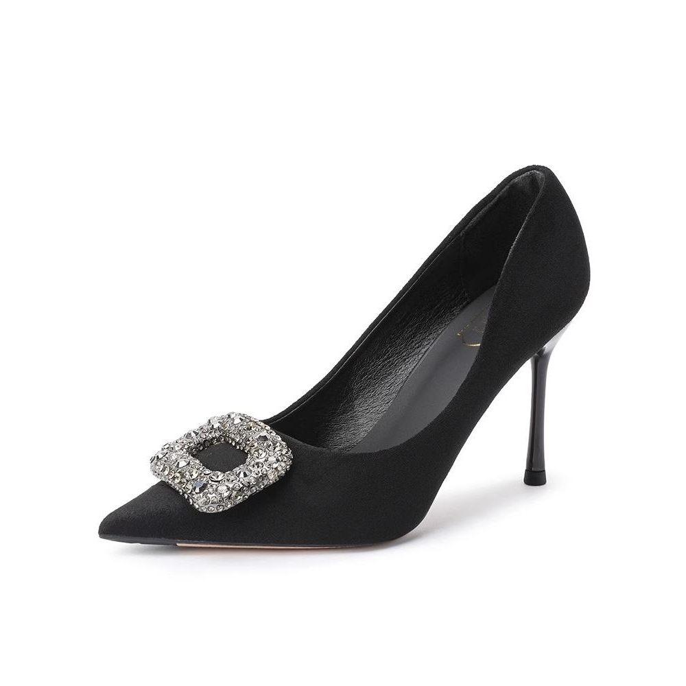 黑色方扣高跟鞋女细跟2025新款名媛气质职业工作百搭尖头水钻单鞋 - 图3