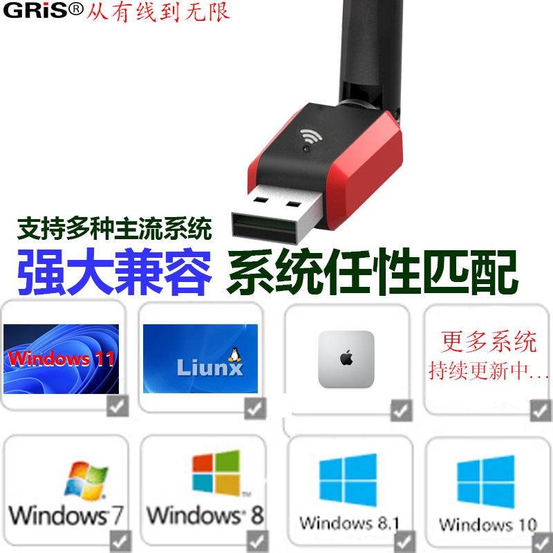 GRIS XP win7 8 10 11系统免驱动USB无线网卡台式机笔记本150M电脑wifi接收雷凌MTK7601联发科RTL8188GU瑞昱 - 图1