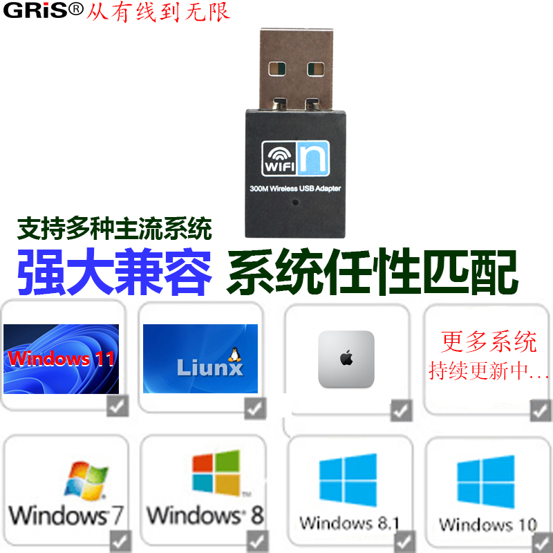 GRIS USB无线网卡免驱动Realtek8192Eus台式机笔记本Win11电脑随身WIFI接收器机点歌机电视顶盒瑞昱平板机车-图1