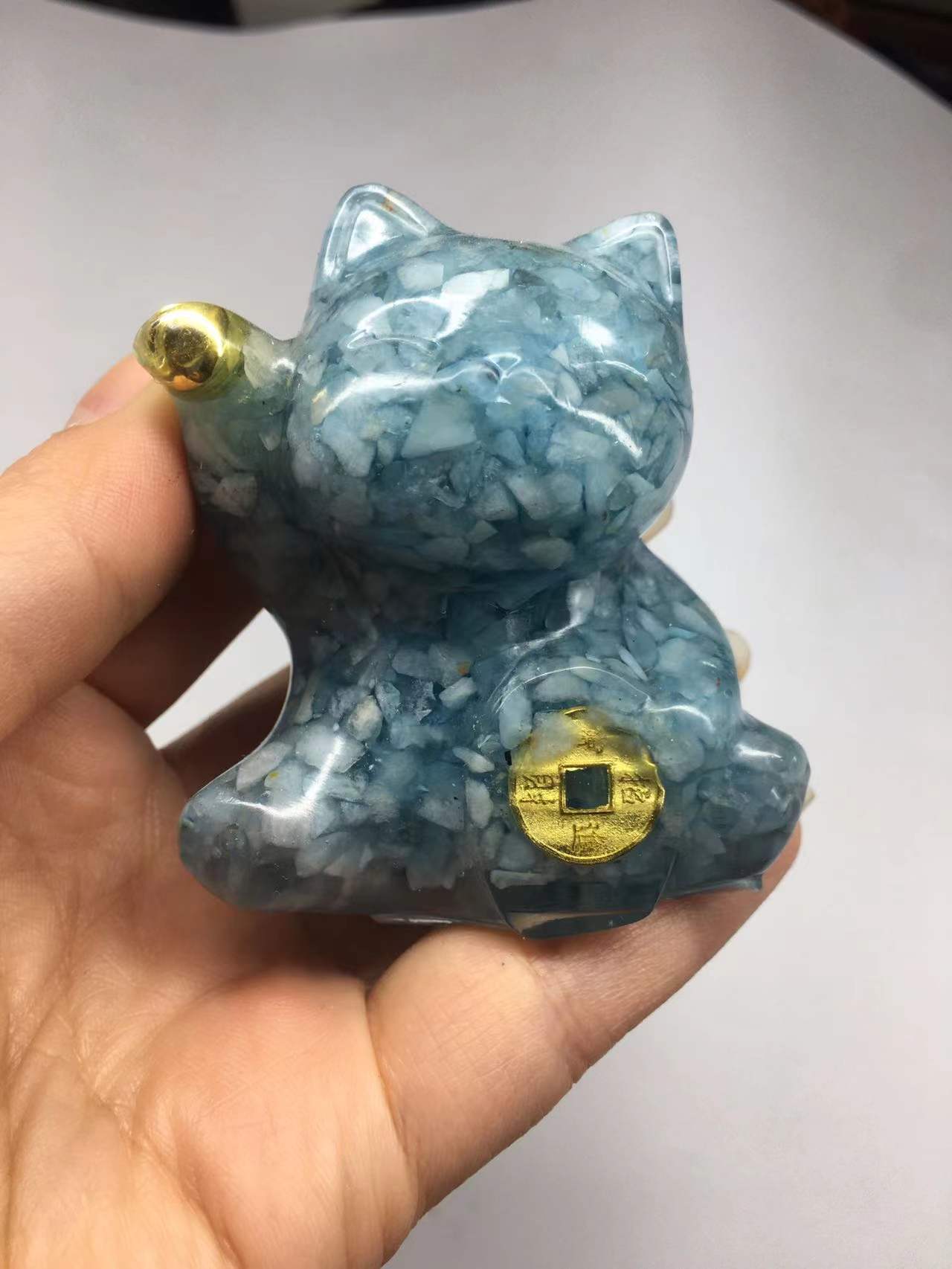 好记水晶滴胶碎石招财猫摆件紫水晶粉水晶发晶超七极光高度6.cm加 - 图1