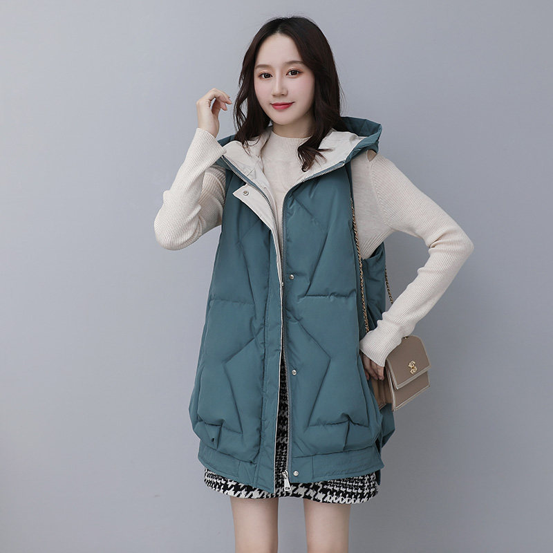 韩版女中长款连帽宽松无袖棉马甲 零五七一世家圣毅马夹