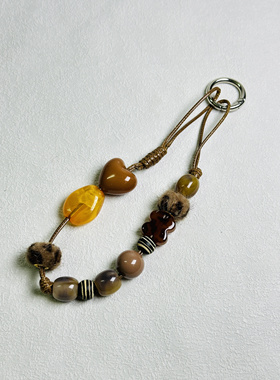 小众重工手绘卡通kt猫咖色爱心串珠手机链包挂件diy包包挂饰礼物