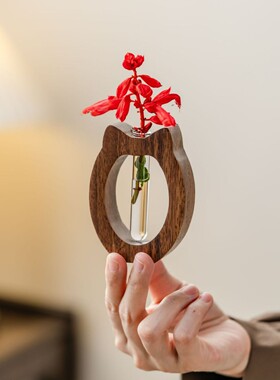 极简实木环玻璃试管花器书房客厅桌面装饰小花器民宿软装地摊直播