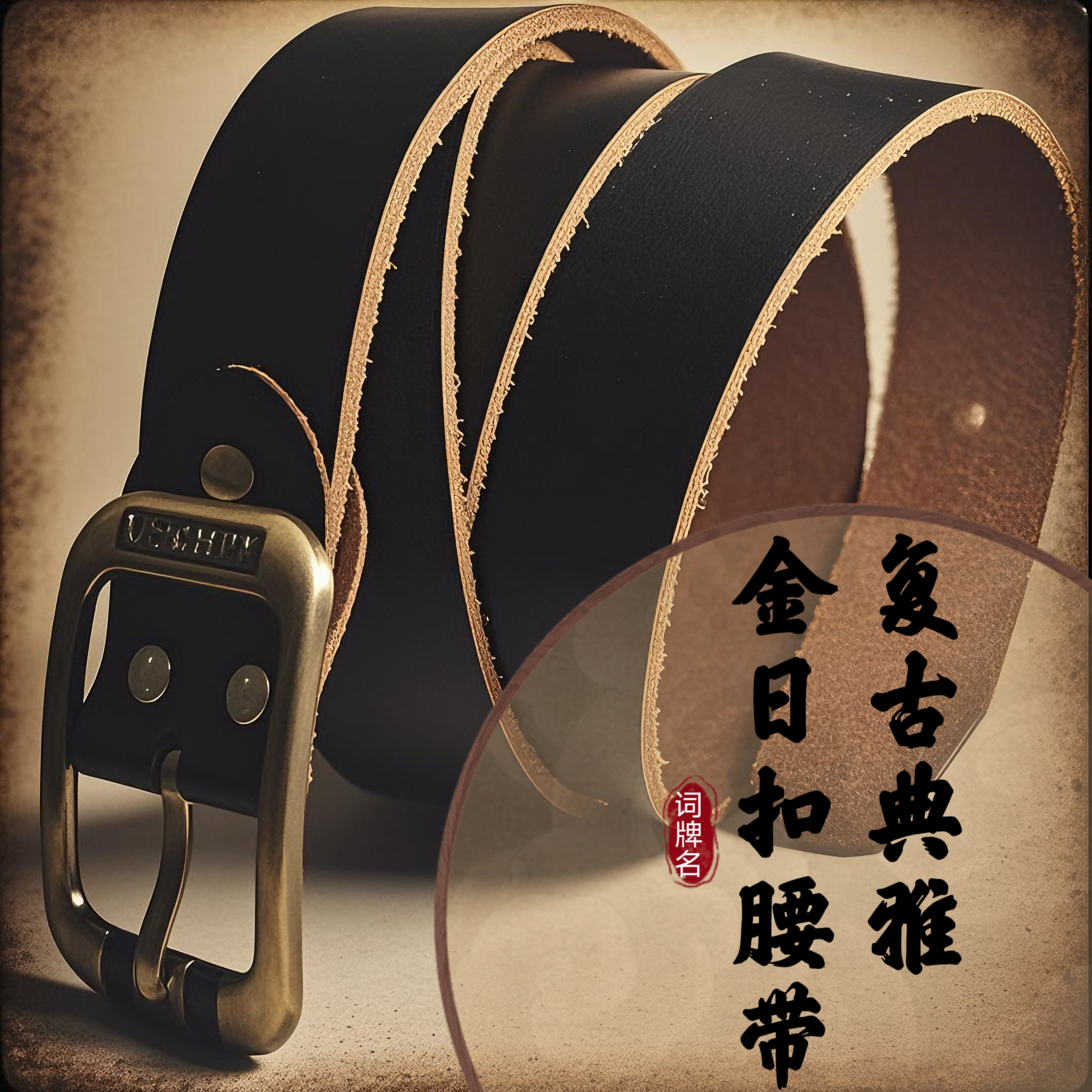 100%正宗手工纯皮真牛皮带电工牛仔裤带条带孔腰带男复古针扣打孔 - 图0