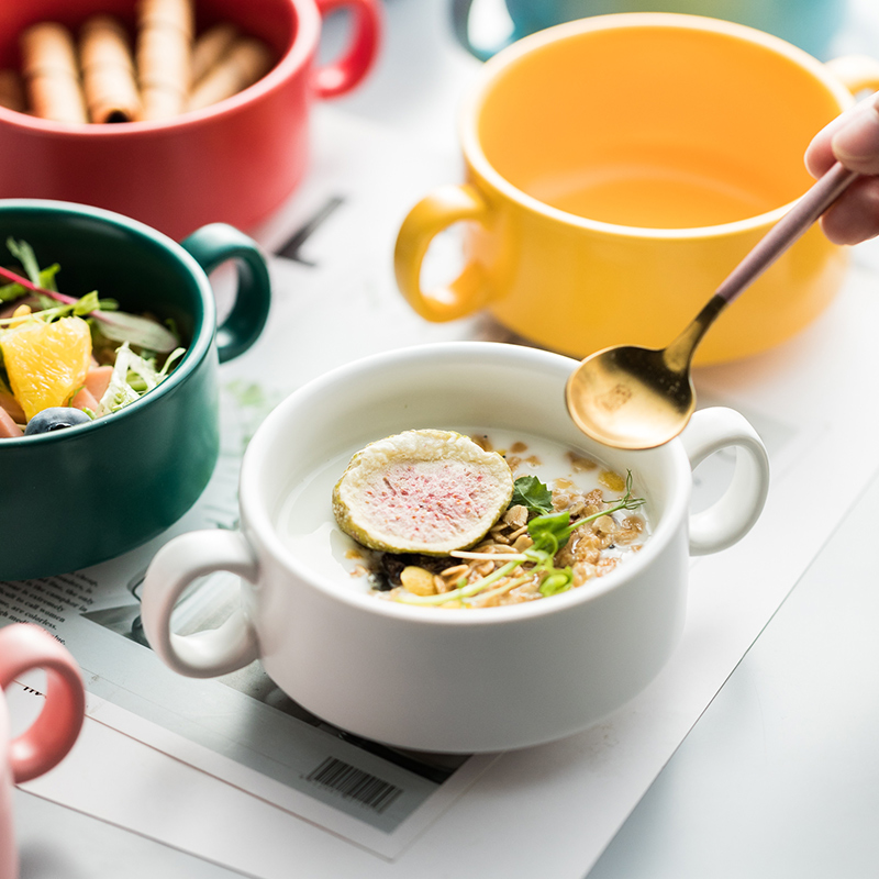 北欧创意双耳陶瓷烤碗汤碗 烤箱烘培小碗 家用沙拉碗甜品碗燕窝碗