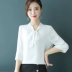 Mùa thu 2020 phong cách mới người hâm mộ Hàn Quốc áo sơ mi voan nơ thanh lịch của phụ nữ áo sơ mi màu ngắn tay ngọt ngào - Áo sơ mi
