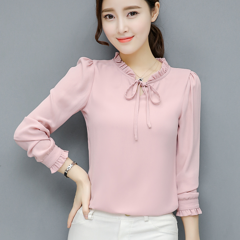 漫娜儿旗舰店夏季新款韩范优雅蝴蝶结雪纺衬衫女装长袖白色衬衣打底上衣0