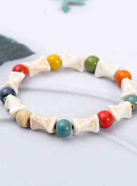 景德镇陶瓷手链新款卡通小动物系列手串可爱多巴胺苹果猫咪磁珠；