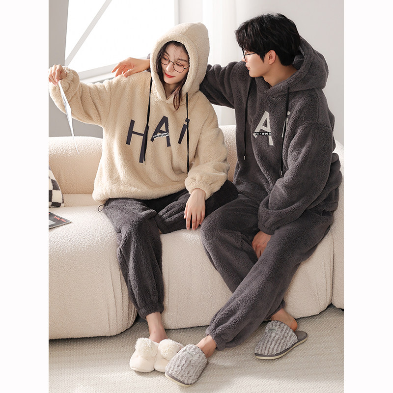 情侣秋冬季珊瑚绒提花黑色男睡衣 康汝雅睡衣/家居服套装