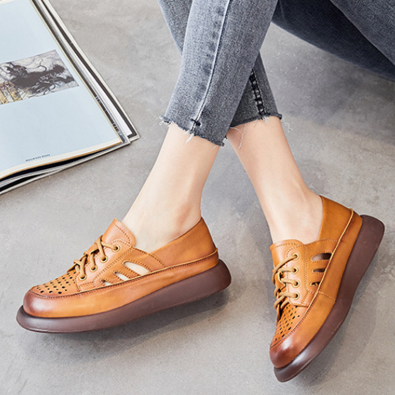 2023夏季新款真皮厚底鞋子女凉鞋洞洞妈妈鞋软底宽脚大头复古皮鞋,淘宝优惠券,粉丝福利购,淘宝优惠卷