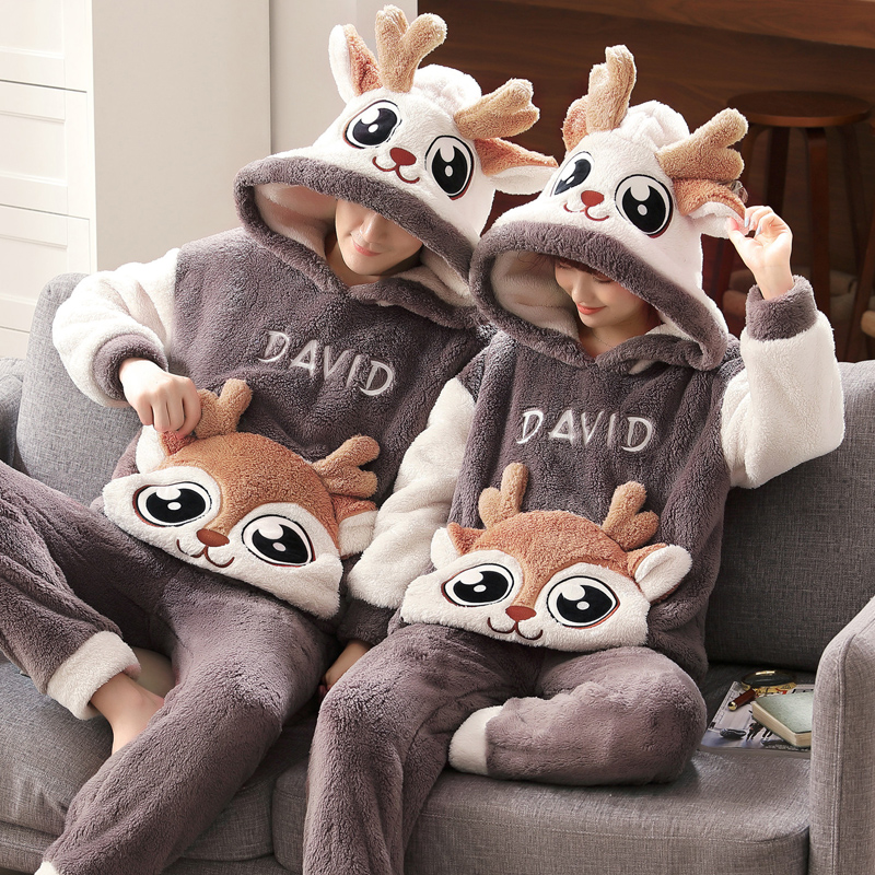 情侣秋冬款女士加绒珊瑚绒睡衣 kissingme睡衣/家居服套装