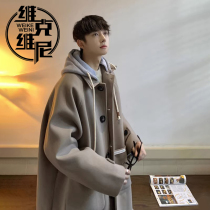 Medium long style wind coat jacket male autumn winter plus suede thickened Chauffodier with high level sensation Inn wind with cap and woolen sweater