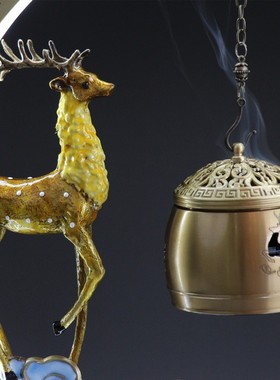 带灯生财有鹿音乐铜香炉蓝牙熏香吊炉中式复古工艺品摆件礼盒装