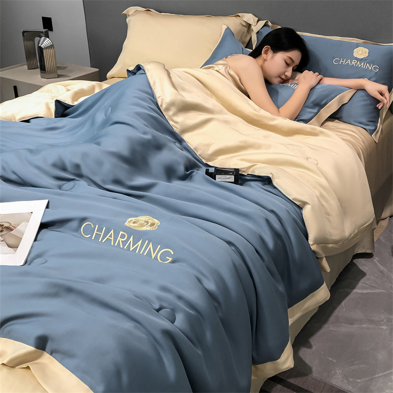 夏季冰丝四件套双人欧式凉感薄被子 艾云化纤被