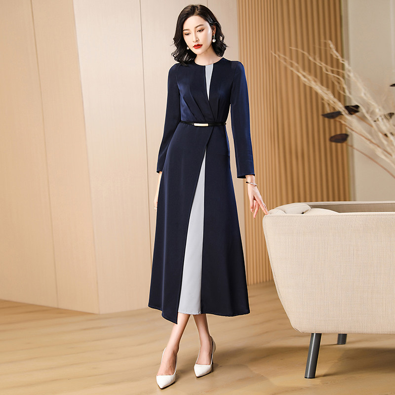 藏蓝色拼接连衣裙2022秋季大摆裙子 婧涵服饰连衣裙